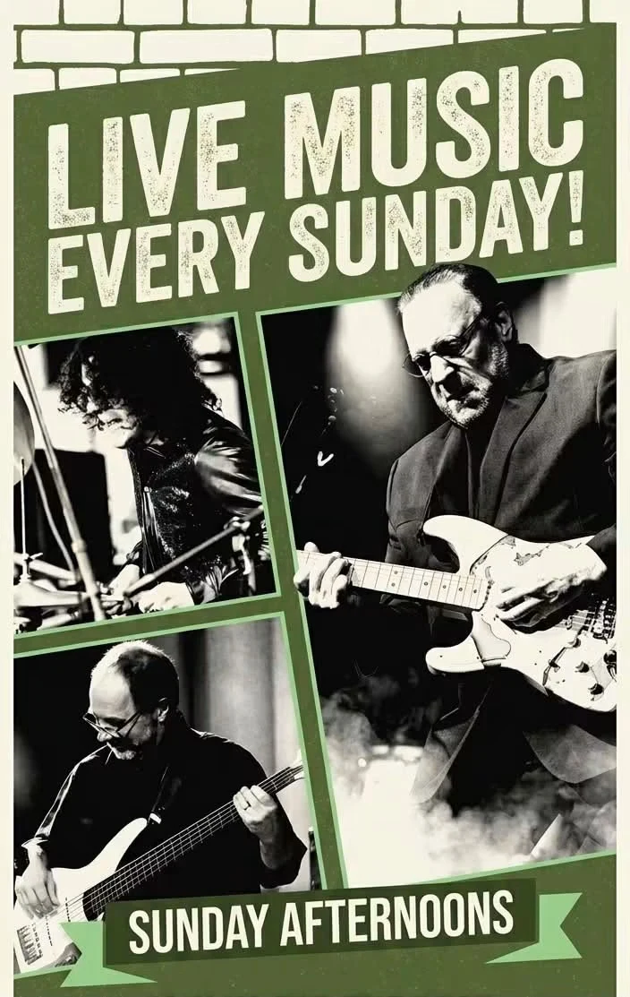 Live Music Every Sunday poster, Sunday afternoons at Harbor Lighthouse Grille, with photos of the band