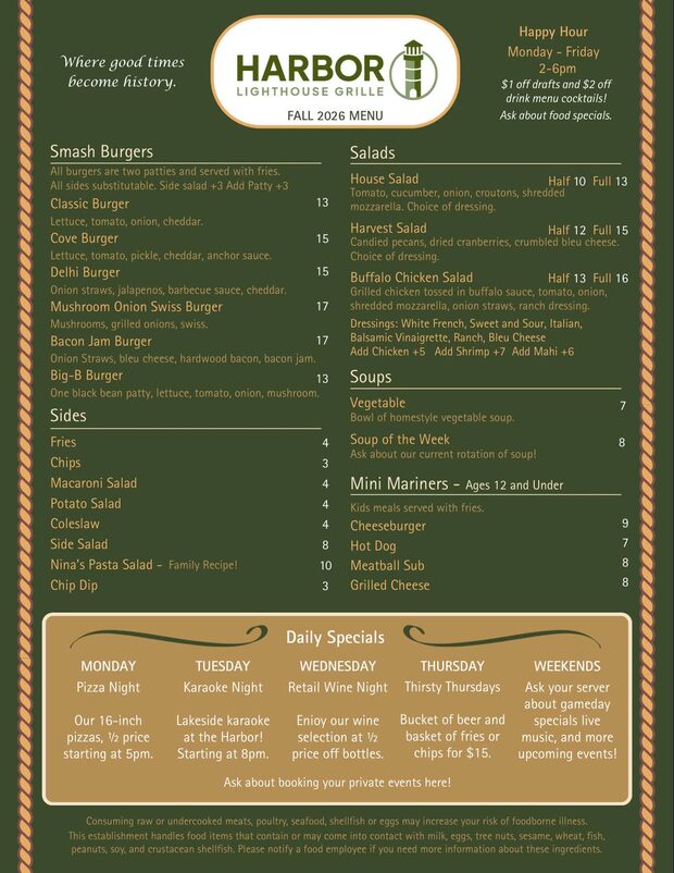 Harbor Lighthouse Grille Fall 2026 menu, page 1 of 2: smash burgers, sides, salads, soups, the Mini Mariners kids menu, and the daily specials board