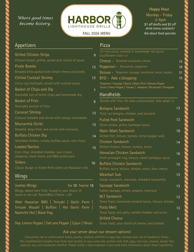 Harbor Lighthouse Grille Fall 2026 menu, page 2 of 2: appetizers, jumbo wings with sauces and dry rubs, 16-inch pizzas, and handhelds